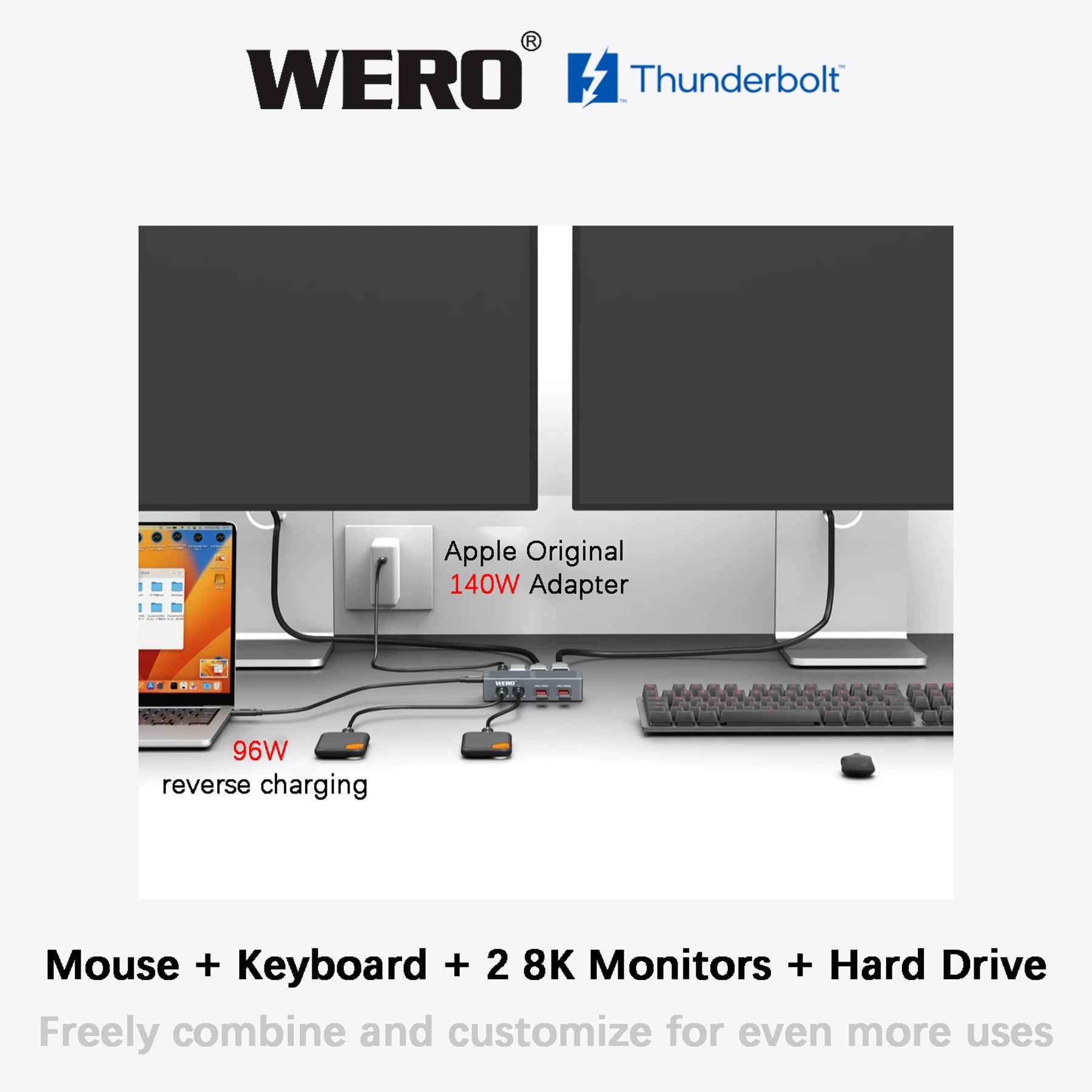 WERO DRP Thunderbolt 5 Dock – 3× USB-A + 2× USB-C + DP & HDMI 2.1, Independent Bandwidth Hub for Mac & PC, Dual 4K 60Hz