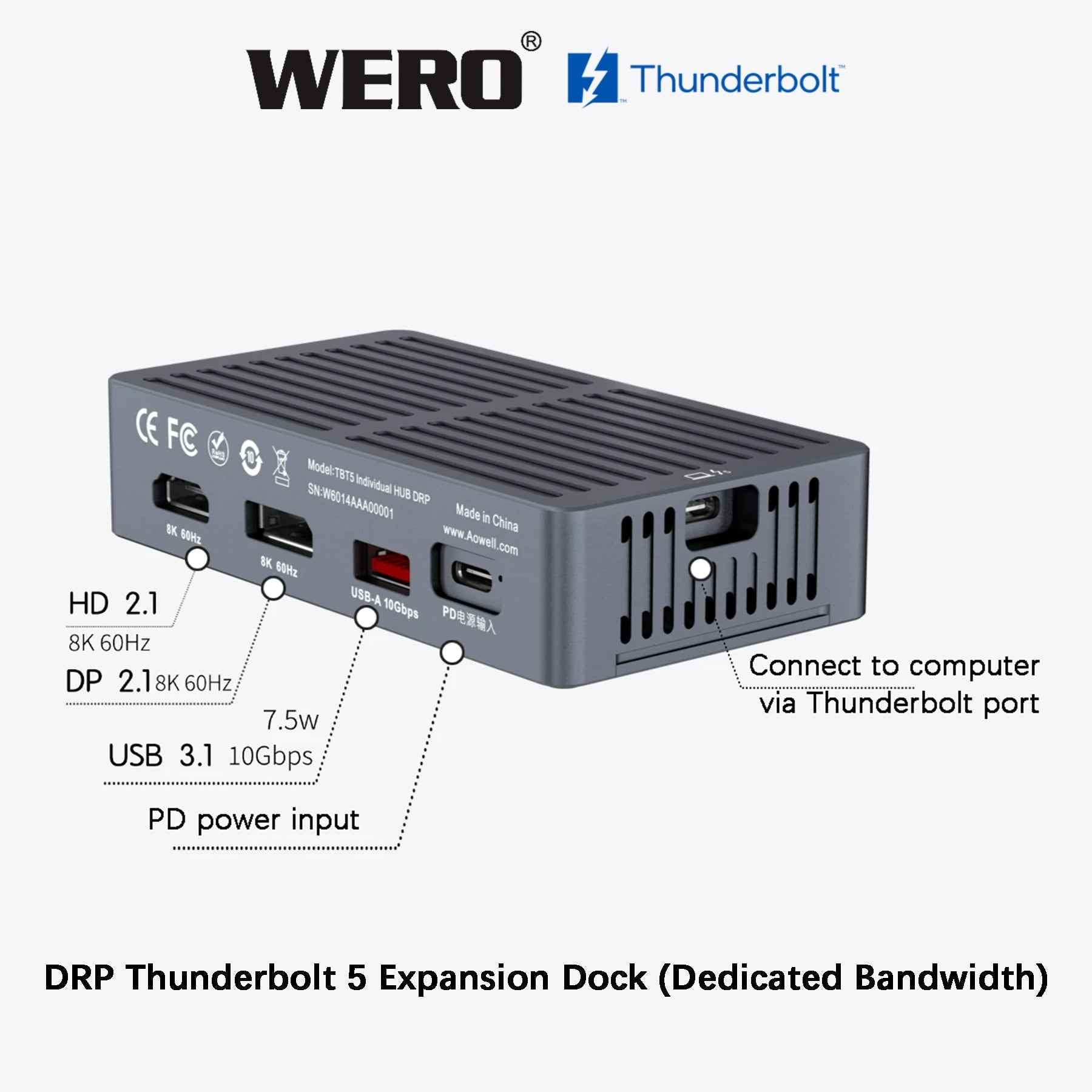 WERO DRP Thunderbolt 5 Dock – 3× USB-A + 2× USB-C + DP & HDMI 2.1, Independent Bandwidth Hub for Mac & PC, Dual 4K 60Hz