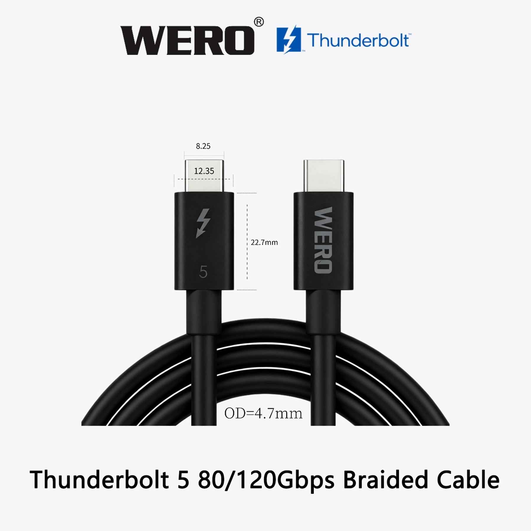 WERO Black Thunderbolt 5 Braided Passive Cable Intel Certified 120Gbps 240W EPR PD USB-C Cord DP2.1 8K Video, 0.5M/0.7M/0.8M/1.0M for TB5 MacBook Pro, External SSD, Docking Station, Video Editing Workstation