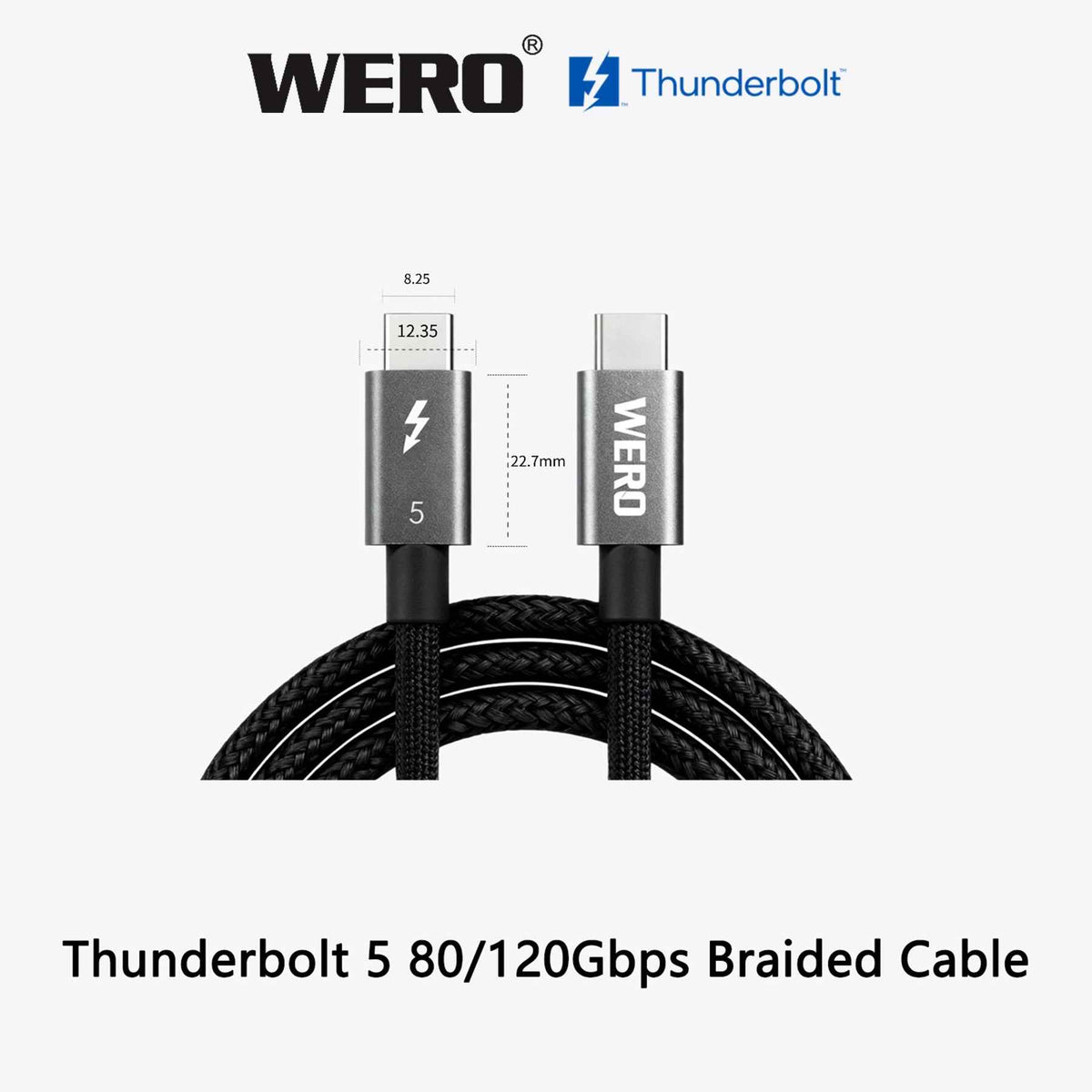WERO Intel Certified Thunderbolt 5 Braided Passive Cable Aluminum Housing 120Gbps 240W EPR PD USB-C to Type-C Cord DP2.1 8K Video, 0.5M/0.8M/1M Black White for TB5 MacBook Pro, External SSD, Docking Station, Video Editing Workstation