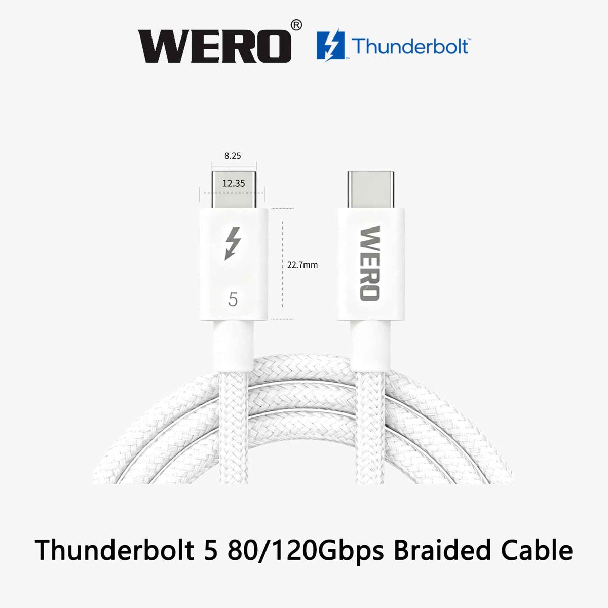 WERO White Thunderbolt 5 Braided Passive Cable Intel Certified 120Gbps 240W EPR PD USB-C Cord DP2.1 8K Video, 0.5M/0.7M/0.8M/1.0M for TB5 MacBook Pro, External SSD, Docking Station, Video Editing Workstation