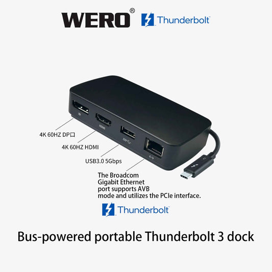 WERO Power-Free TB3 Travel Dock – Dual 4K 60Hz Bus-Powered Hub