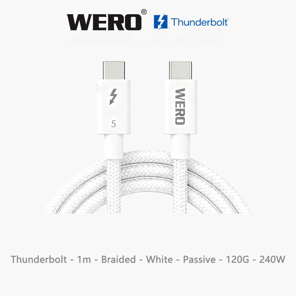 WERO Black Thunderbolt 5 Braided Passive Cable Intel Certified 120Gbps 240W EPR PD USB-C Cord DP2.1 8K Video, 0.5M/0.7M/0.8M/1.0M for TB5 MacBook Pro, External SSD, Docking Station, Video Editing Workstation