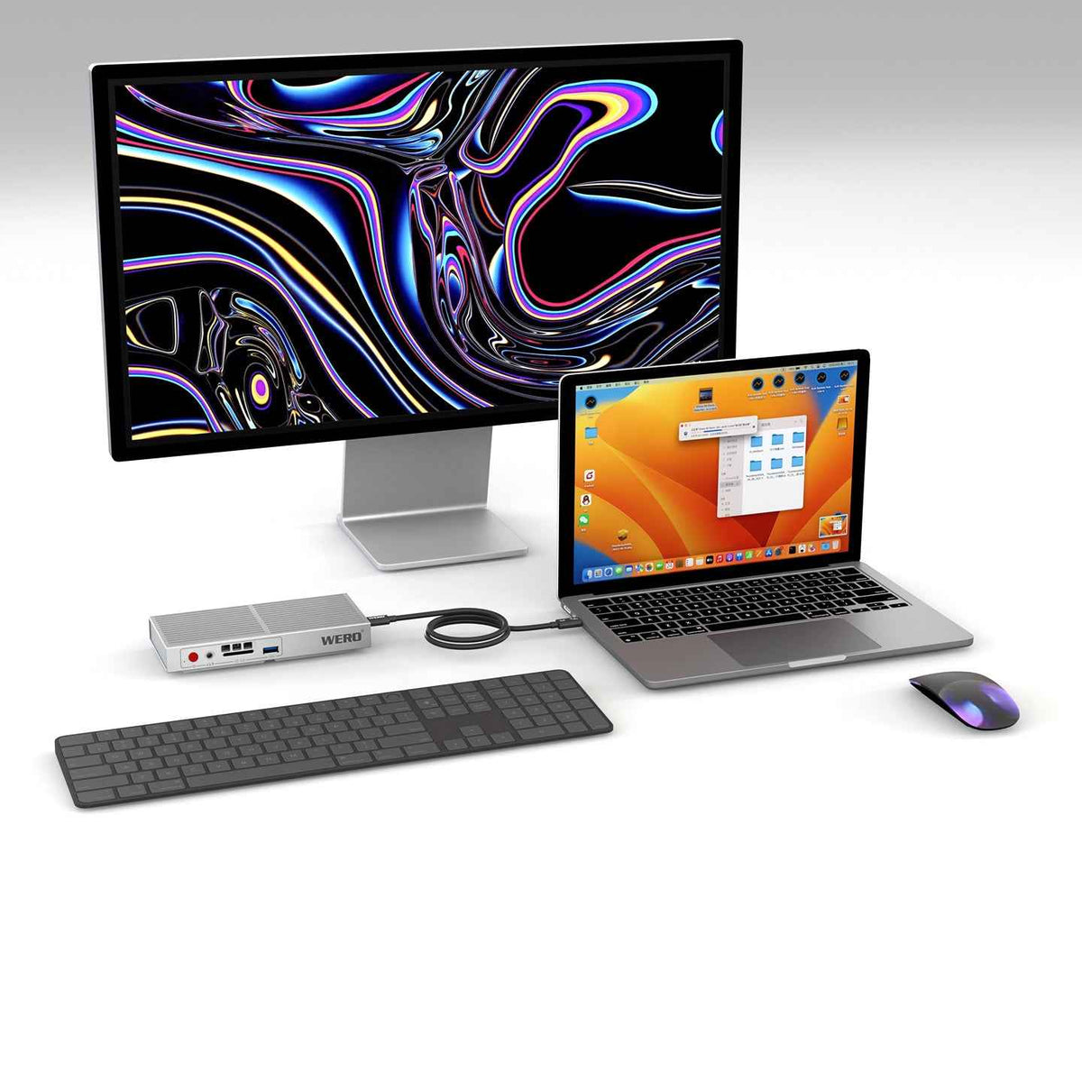 WERO Professional-Grade Thunderbolt 3 Docking Station—featuring an aluminum alloy body and a built-in M.2 NVMe SSD enclosure; supports 85W PD fast charging, 4K 144Hz HDMI output, and 2.5G Ethernet; compatible with MacBook and Windows laptops.