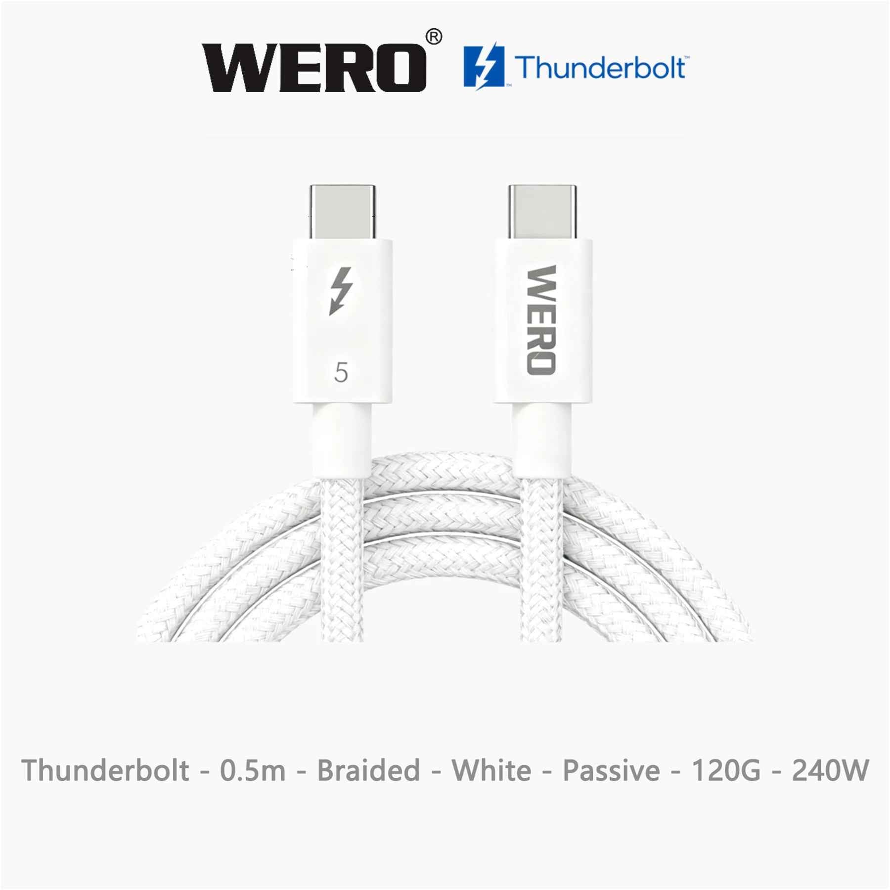 WERO White Thunderbolt 5 Braided Passive Cable Intel Certified 120Gbps 240W EPR PD USB-C Cord DP2.1 8K Video, 0.5M/0.7M/0.8M/1.0M for TB5 MacBook Pro, External SSD, Docking Station, Video Editing Workstation
