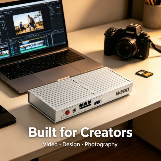 WERO Thunderbolt 3 Dockingstation in Profiqualität – mit Gehäuse aus Aluminiumlegierung und integriertem M.2 NVMe SSD-Gehäuse; unterstützt 85W PD-Schnellladung, 4K 144Hz HDMI-Ausgang und 2.5G Ethernet; kompatibel mit MacBook- und Windows-Laptops.