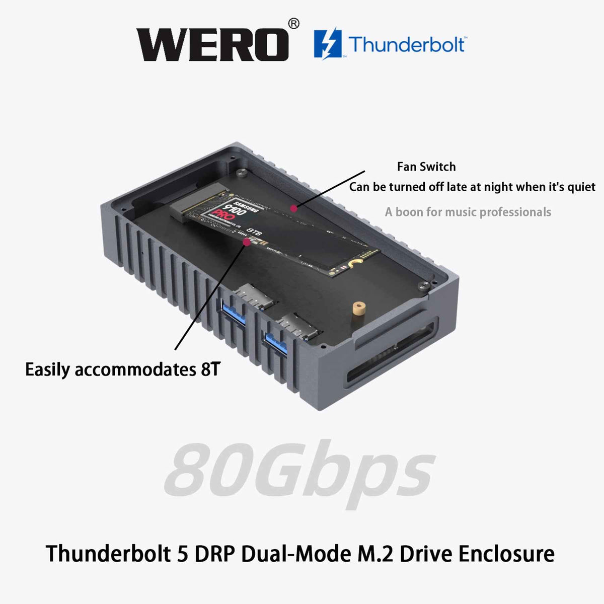 WERO Thunderbolt 5 DRP Dual-Mode M.2 SSD Enclosure | 80Gbps, PCIe 5.0, Bus-Powered, for Mac & Windows