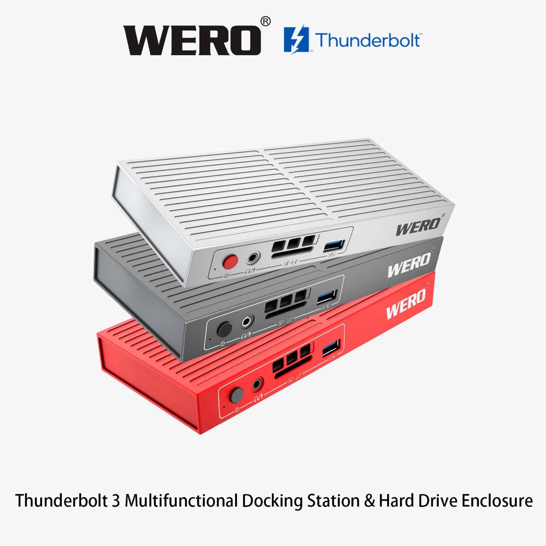 WERO Professional-Grade Thunderbolt 3 Docking Station—featuring an aluminum alloy body and a built-in M.2 NVMe SSD enclosure; supports 85W PD fast charging, 4K 144Hz HDMI output, and 2.5G Ethernet; compatible with MacBook and Windows laptops.